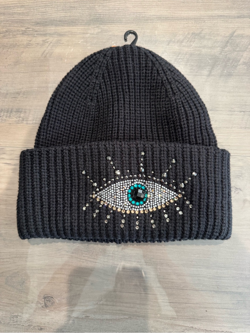 Black Knit Beanie with Rhinestone Eye Accent